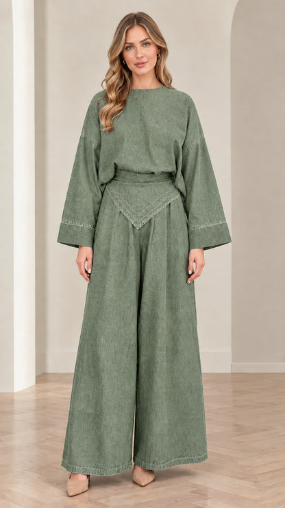 Women's sage green two-piece wide-leg set front view