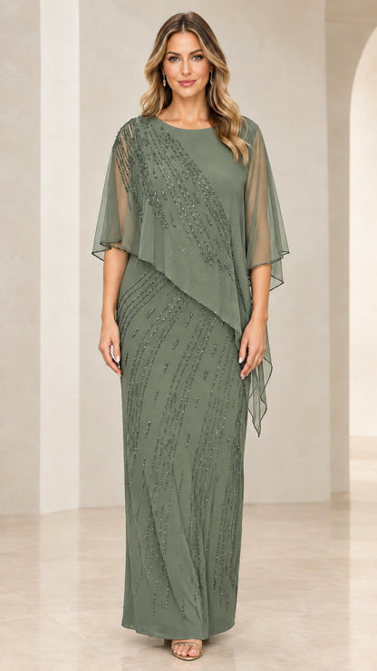 Front view of model wearing Sage Green beaded capelet maxi dress