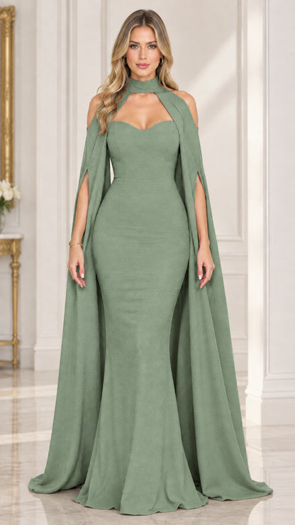 Front view of woman wearing sage green high neck cape sleeve evening dress