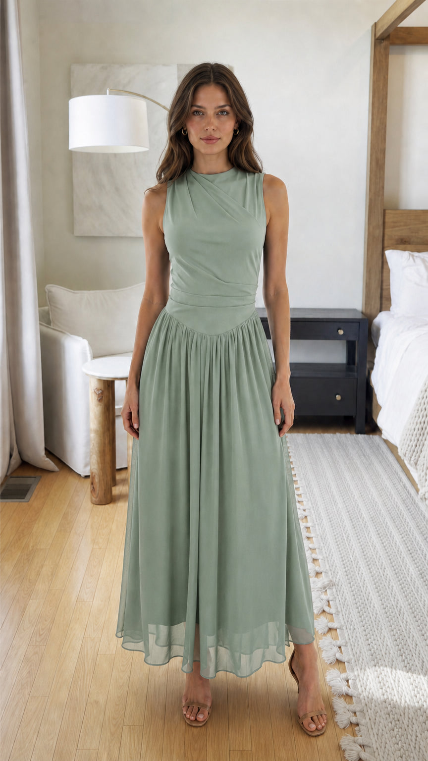 Front view of model wearing Sage chiffon maxi dress