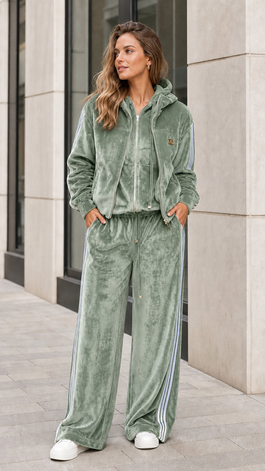 Full front view of sage green velour two-piece tracksuit set with white side stripes