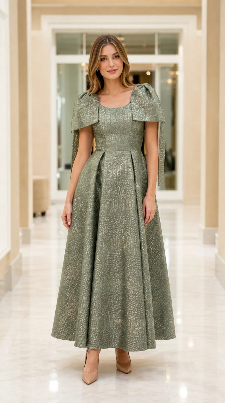 Full-length view of model wearing Sage Green capelet jacquard maxi evening dress