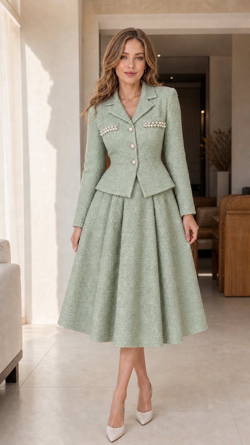 Sage green tweed tailored blazer and matching A-line midi skirt set