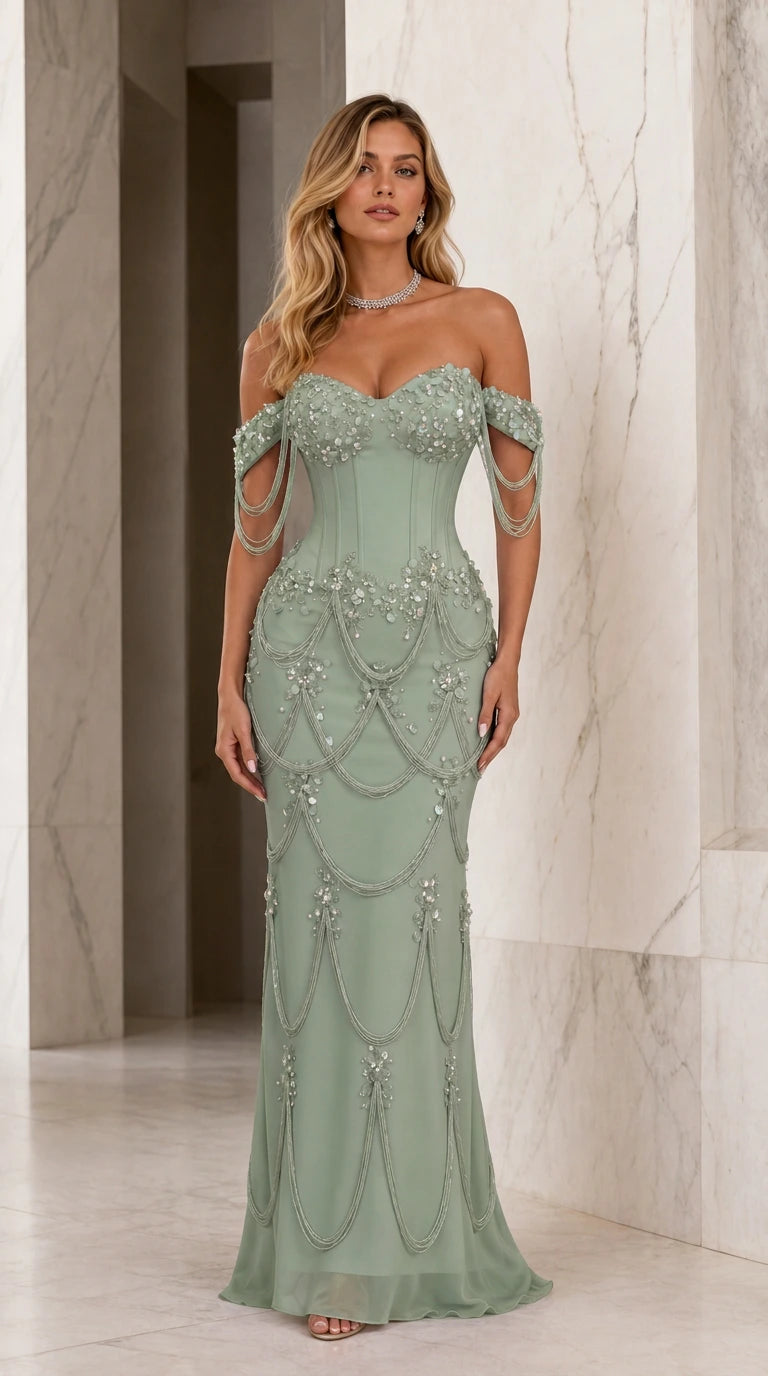 Front view of sage green beaded corset mermaid evening dress