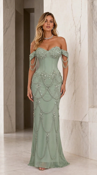 Front view of sage green beaded corset mermaid evening dress