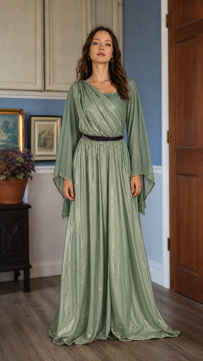 Grecian goddess sage metallic long sleeve maxi dress