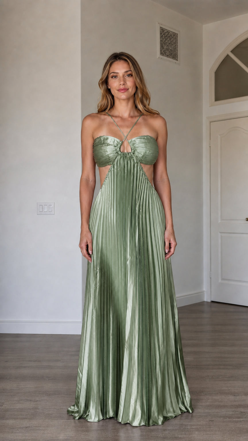 Front view of model wearing the sage green metallic pleated halter maxi dress