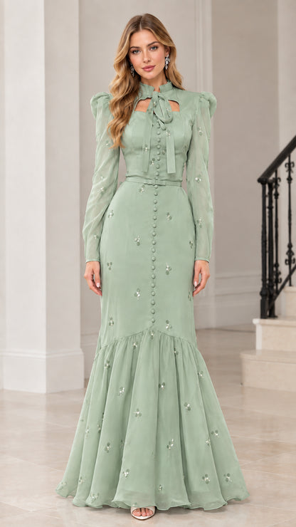 Sage green long sleeve floral sequin mermaid evening gown