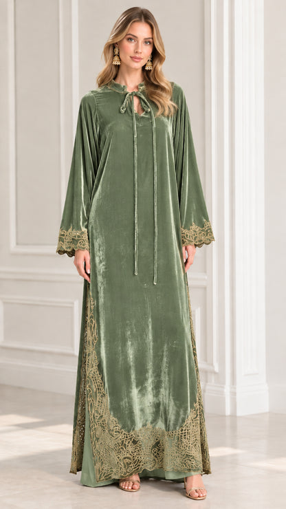 Full front view of model wearing Sage Green embroidered velvet kaftan dress