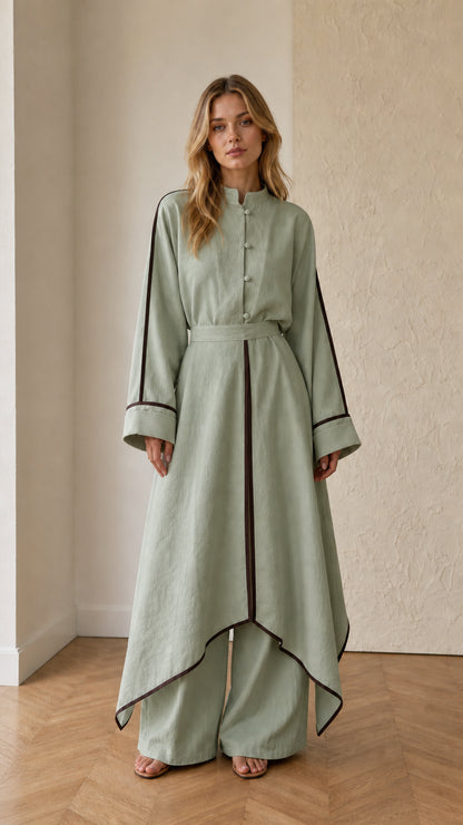 Full front view of sage green asymmetrical tunic and wide-leg pants matching set