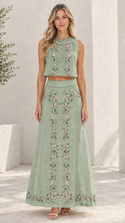 Sage green floral embroidered matching crop top and maxi skirt set