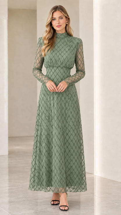 Front full view of woman wearing sage green geometric long sleeve maxi dress