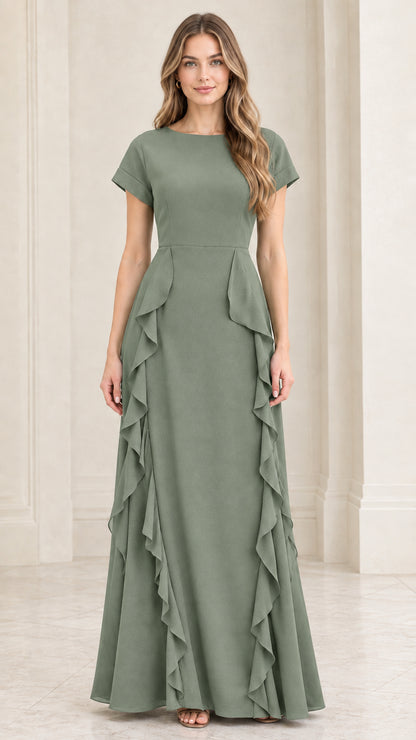 Front full view of sage green short sleeve cascade ruffle maxi dress
