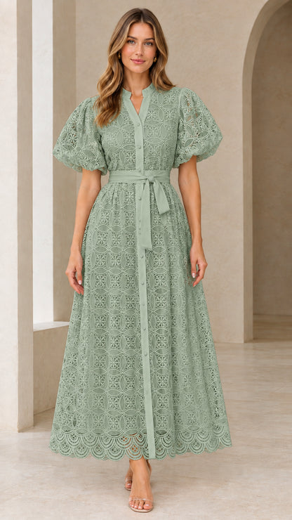 Front view of model wearing sage green eyelet lace belted shirt maxi dress