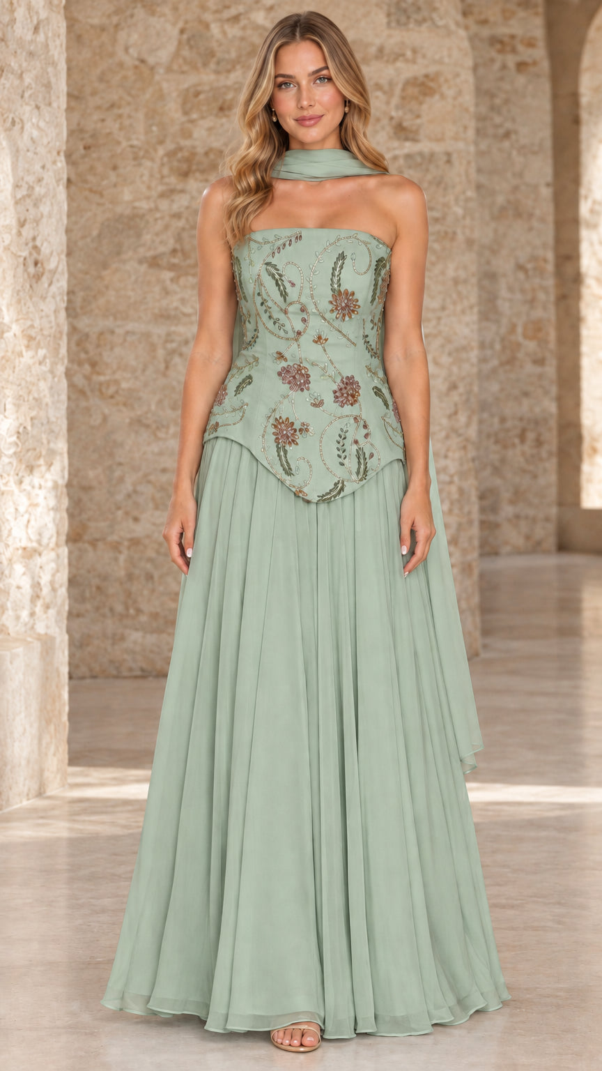 Front full view of sage green strapless formal maxi dress with beaded floral bodice