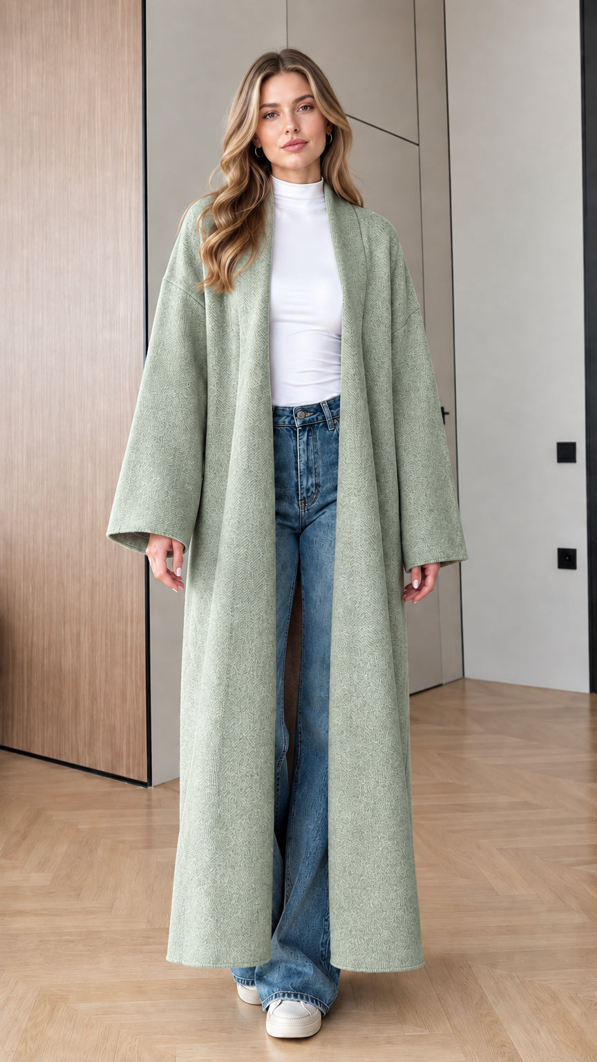 Model wearing Sage Green open-front longline maxi coat