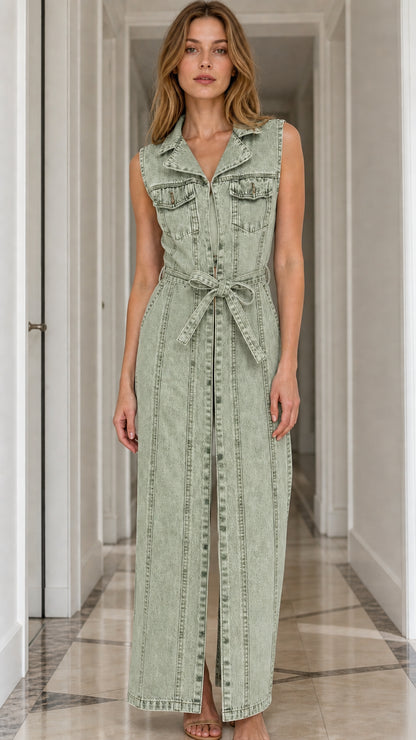 Model wearing sage green denim maxi dress