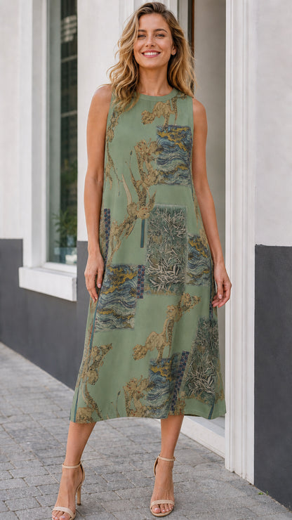 Front view of sage green sleeveless artistic print midi dress