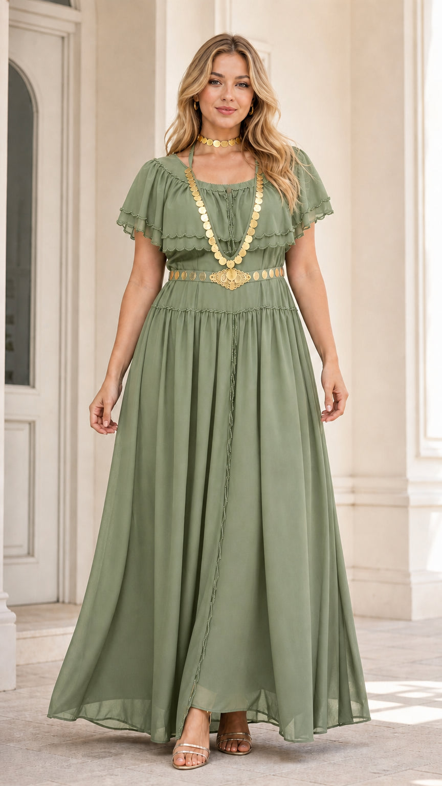 Model wearing sage green flowy chiffon evening maxi dress