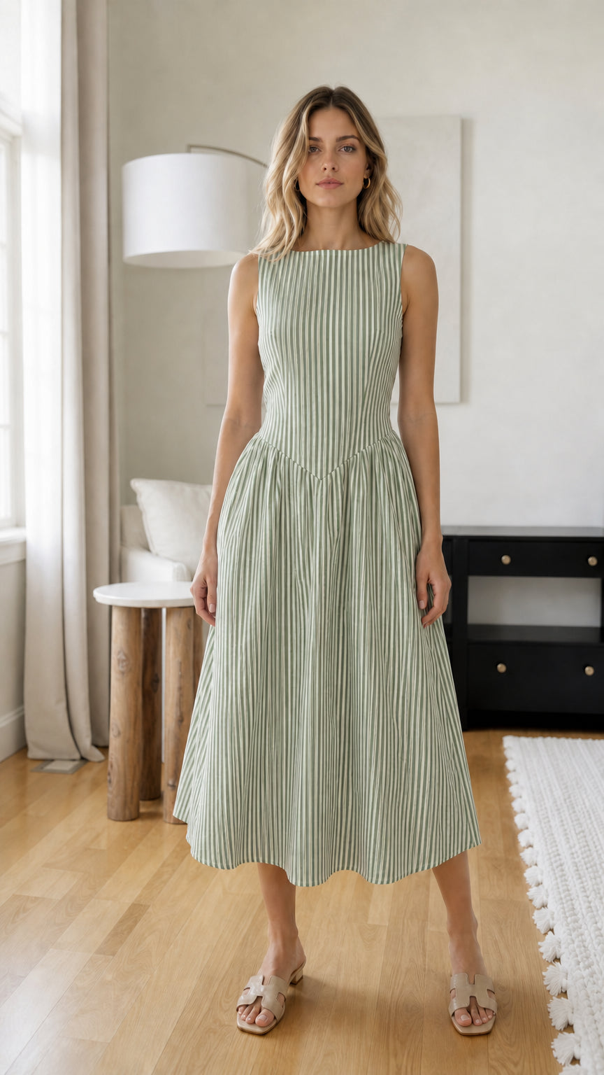 Front view of woman wearing green striped midi dress