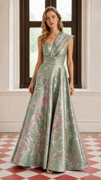 One-Shoulder Pleated Metallic A-Line Maxi Evening Gown in Sage Green