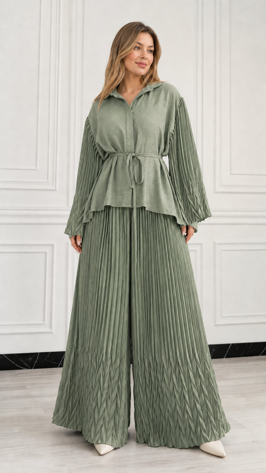 Full front view of woman wearing Sage Green pleated two-piece pant set