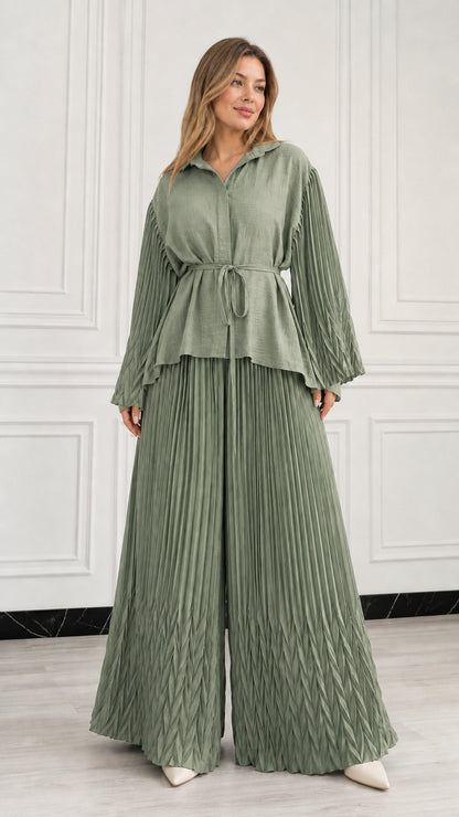 Full front view of woman wearing Sage Green pleated two-piece pant set