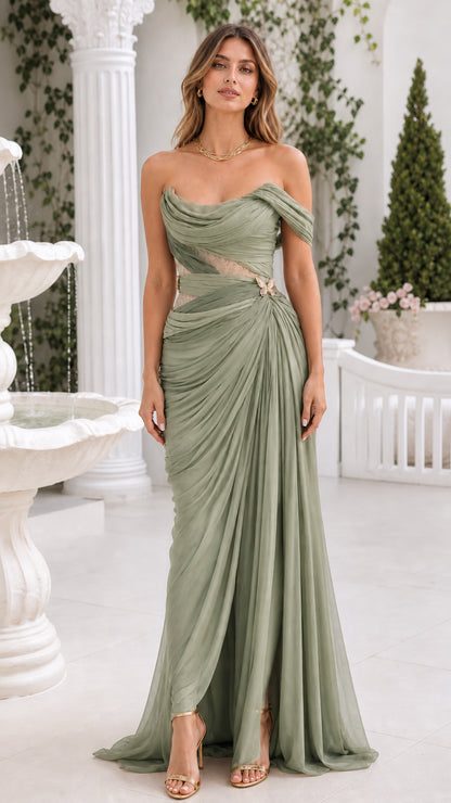 Front view of sage green off-the-shoulder pleated maxi gown with lace cutout