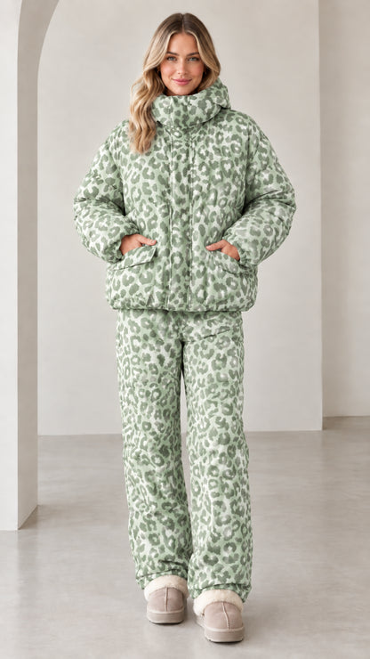 Full front view of model wearing sage green leopard print puffer set