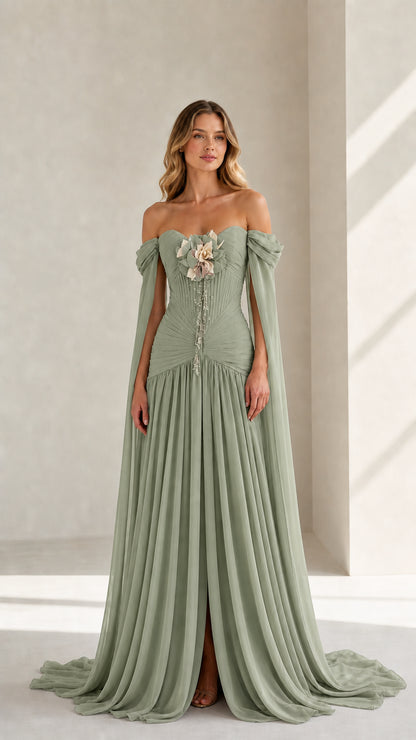 Front view of sage green formal dress