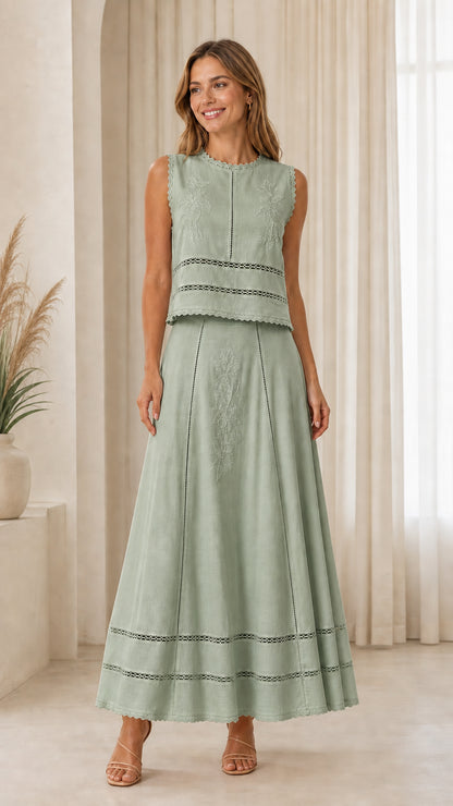 Woman wearing sage green embroidered two-piece set