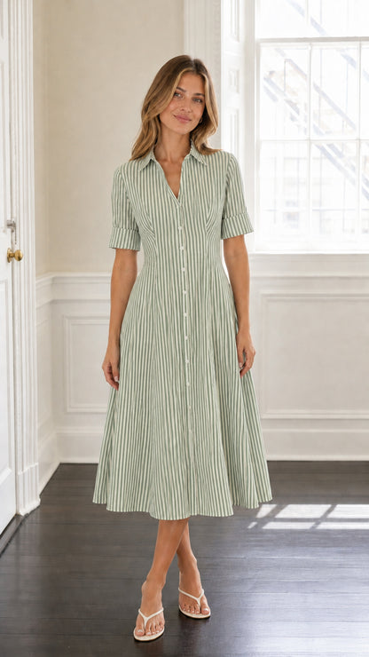 Model wearing green striped midi shirt dress