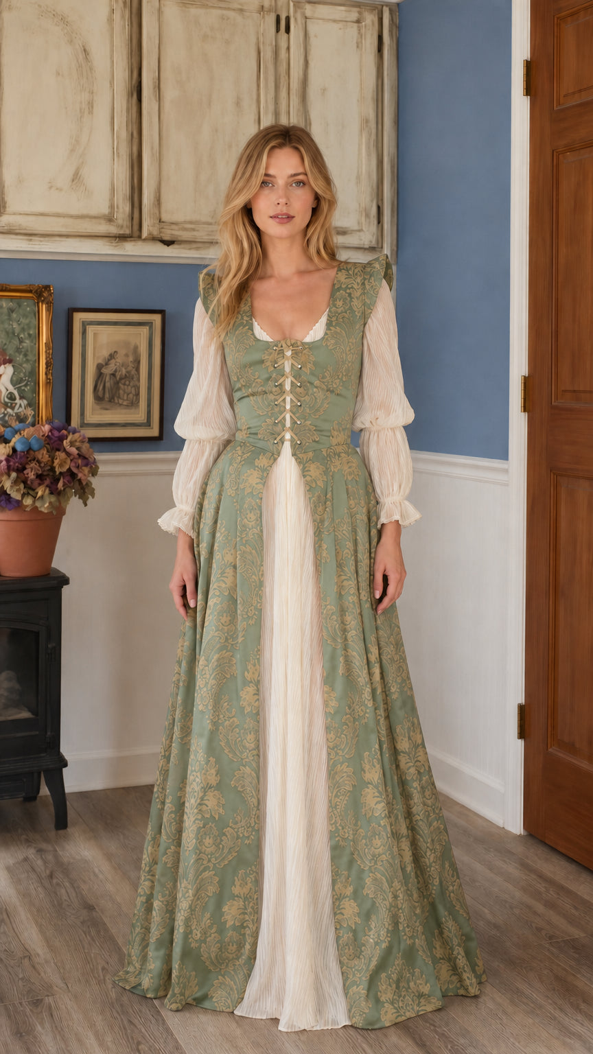 Renaissance medieval lace-up overdress gown in sage green