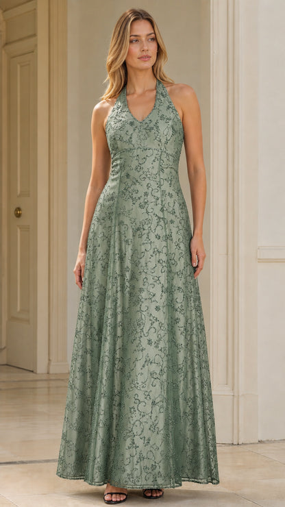 Model wearing sage green halter neck embroidered maxi formal gown