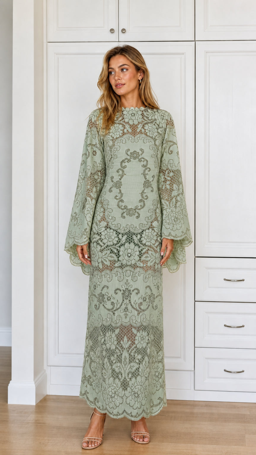 Front view of Sage Green long sleeve lace maxi dress