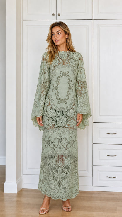Front view of Sage Green long sleeve lace maxi dress