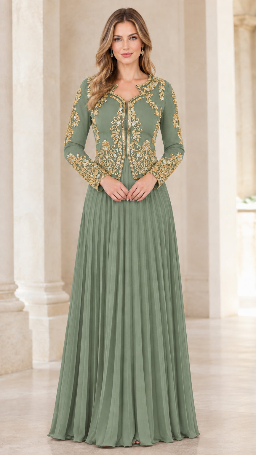 Sage green pleated floor-length evening dress with gold embroidery
