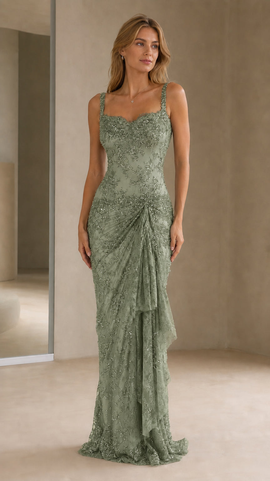 Front view of model wearing sage green beaded evening gown