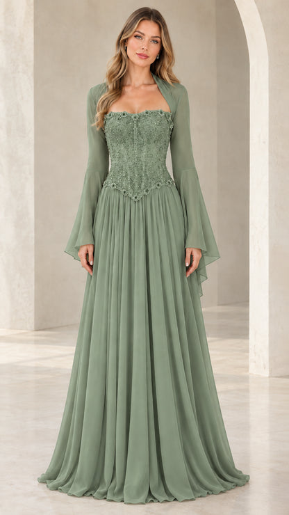 Sage green beaded corset long sleeve evening dress