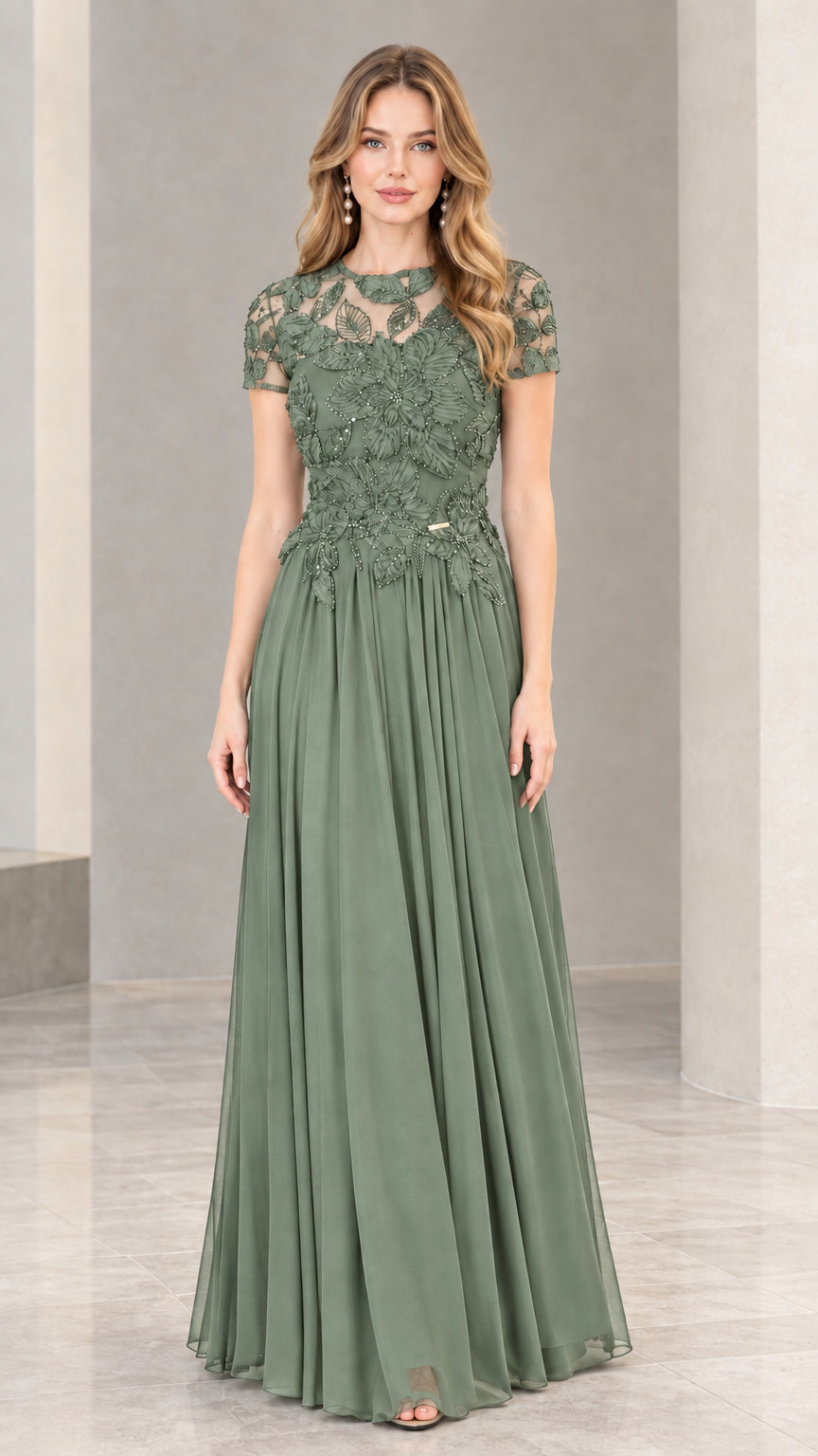 Sage Green floral lace illusion neckline formal maxi gown