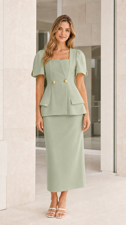 Front view of sage green skirt set