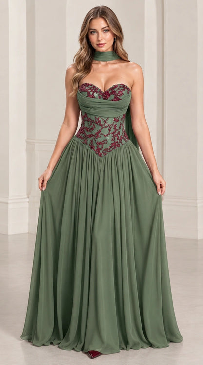 Front view of sage green strapless evening gown with floral beaded bodice