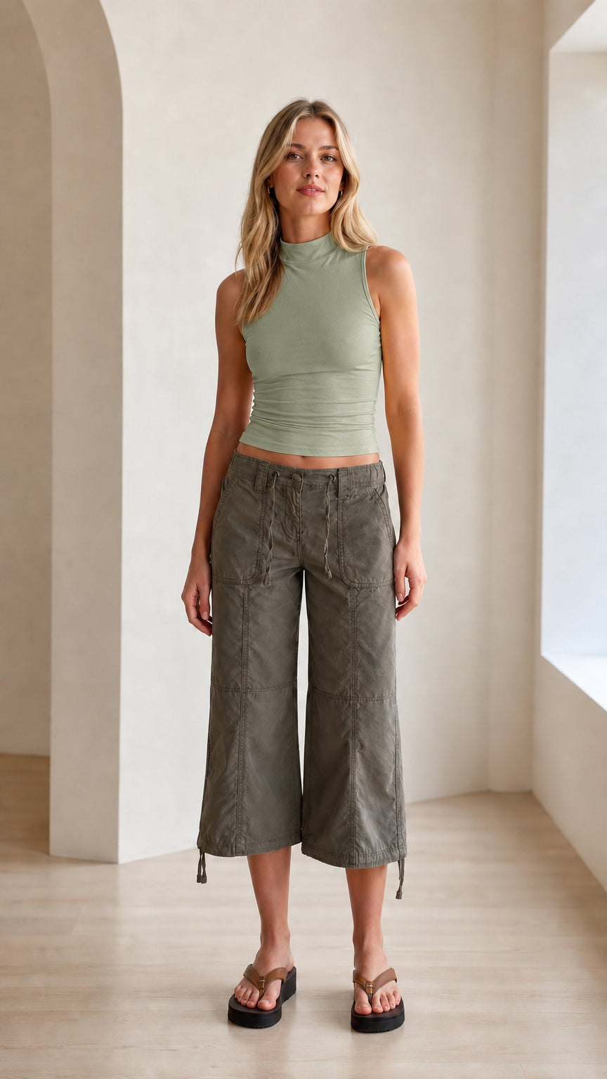 Model wearing sage green fitted mock neck sleeveless tank top