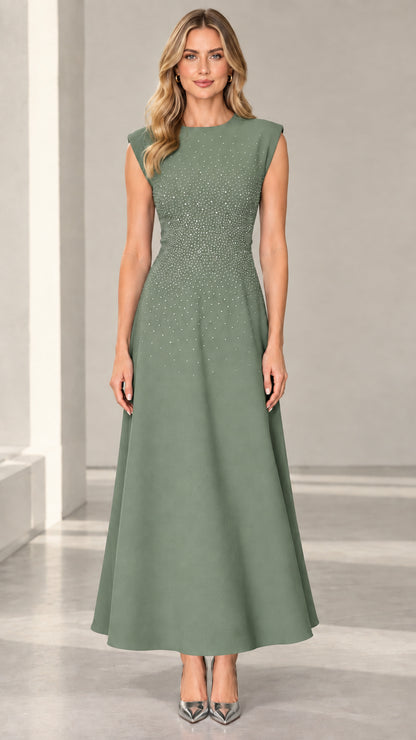 Sage Green cap sleeve rhinestone embellished formal gown