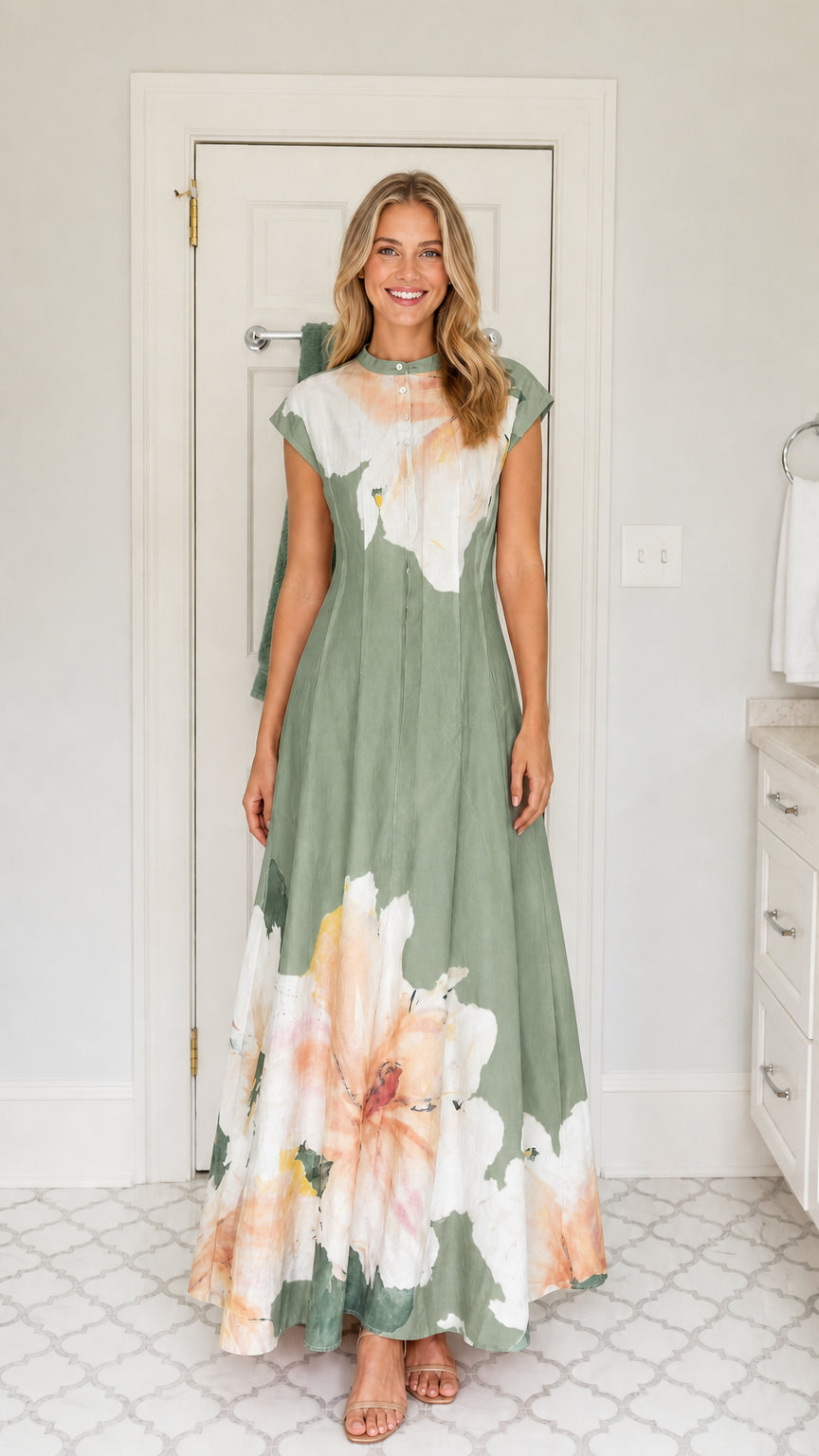 Front view of woman wearing sage green watercolor floral cap sleeve maxi dress