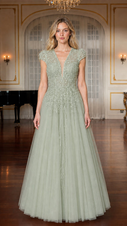 Front view of sage green elegant gown