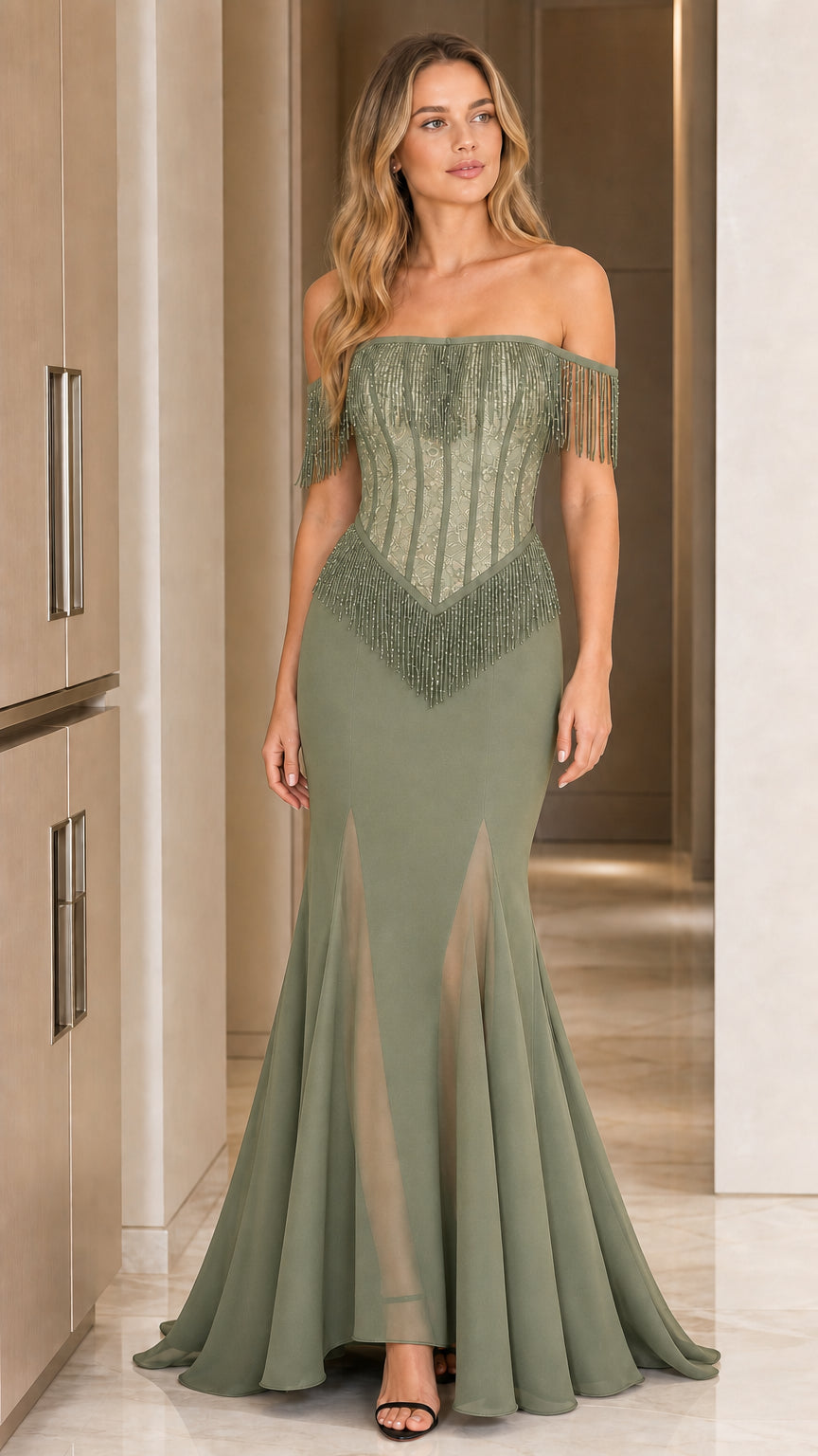Sage green off-shoulder mermaid evening dress