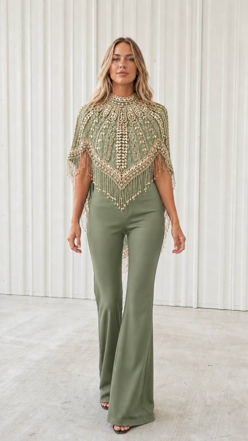 Front view of model wearing sage green beaded fringe evening capelet with green pants
