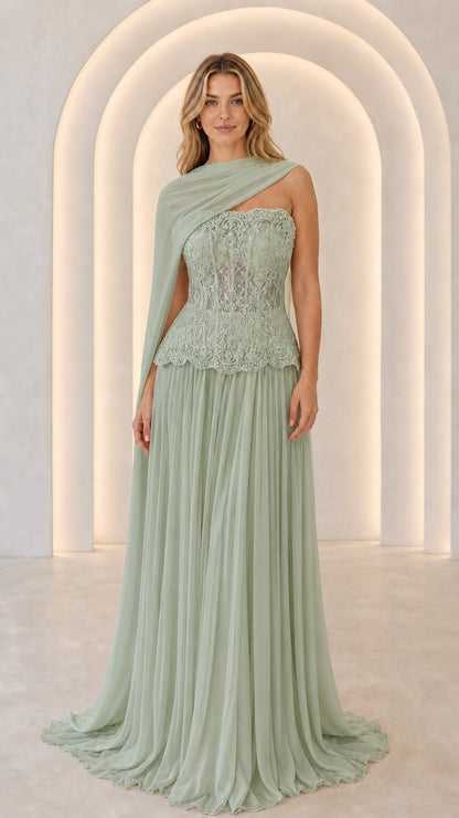 Sage green strapless lace bodice pleated maxi evening dress with draped shoulder cape