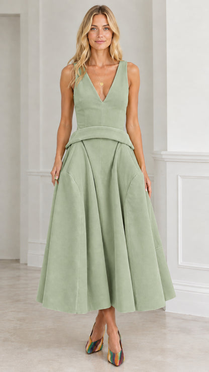 Front view of sage green sleeveless basque waist midi dress